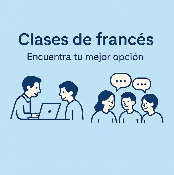 Cómo saber si necesitas clases particulares de francés o un curso grupal 9 Estudiante decidiendo entre clases particulares y curso grupal de francés, con profesor nativo y grupo de alumnos.