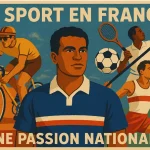 Le sport en France : découvrez la passion et la fierté d’un pays sportif 6 Illustration vintage années 60 sur le sport en France, représentant un cycliste du Tour de France, un joueur de tennis, un rugbyman et un judoka sur fond bleu-blanc-rouge.